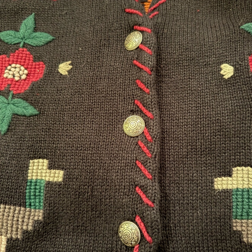 VTG Llama Peruvian Floral Knit Cardigan Decorative Concho Silver Buttons Ranch - Picture 3 of 7